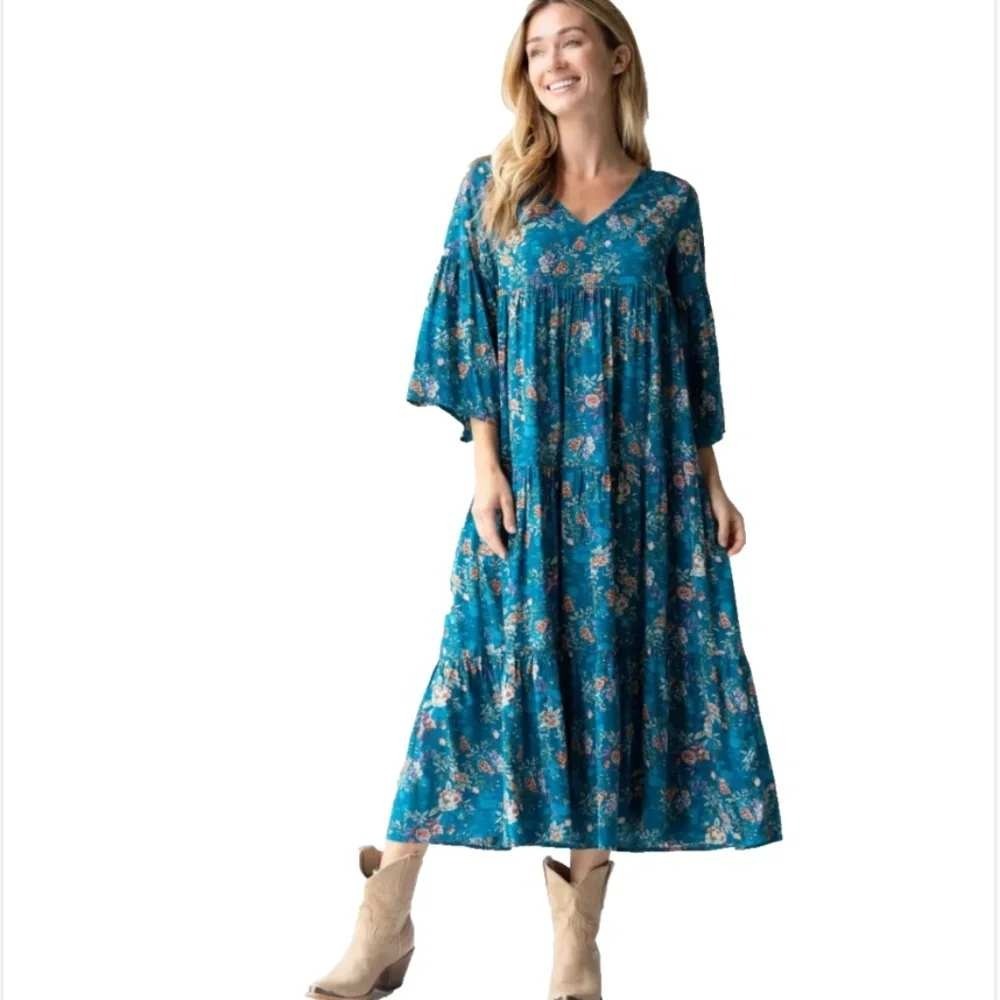 Natural Life Charlotte Tiered Midi Dress Floral Bell Sleeve Teal Blue Hippie XL